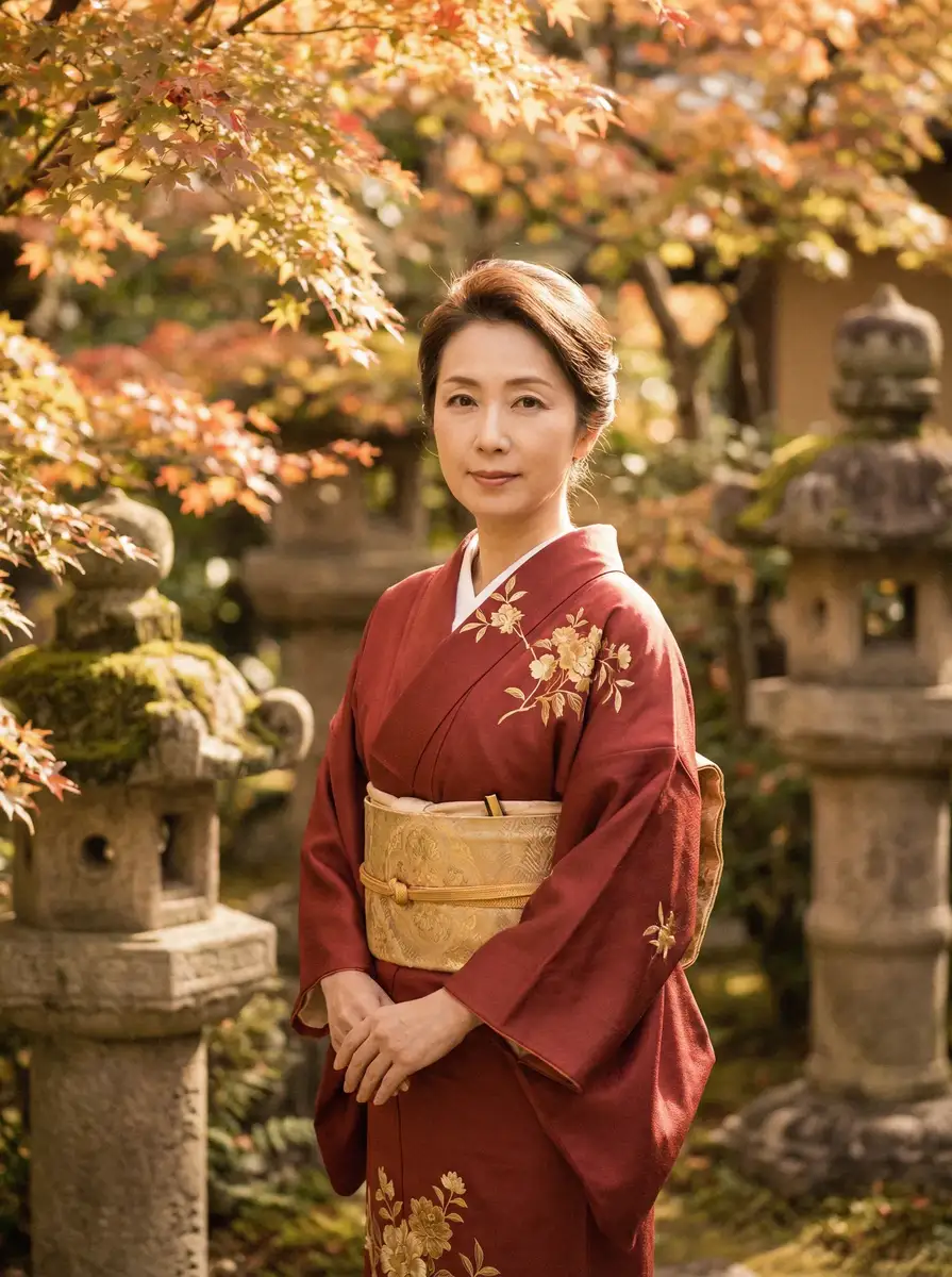 一位身穿暗红色和服的优雅 婉儿别闹 在日式庭院中